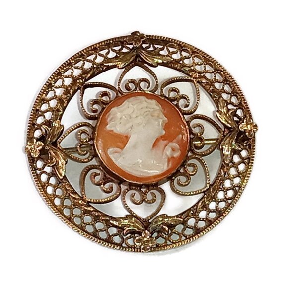 Romantic 1/20 12K Gold Filled Filigree Cameo Brooch - Picture 3 of 7